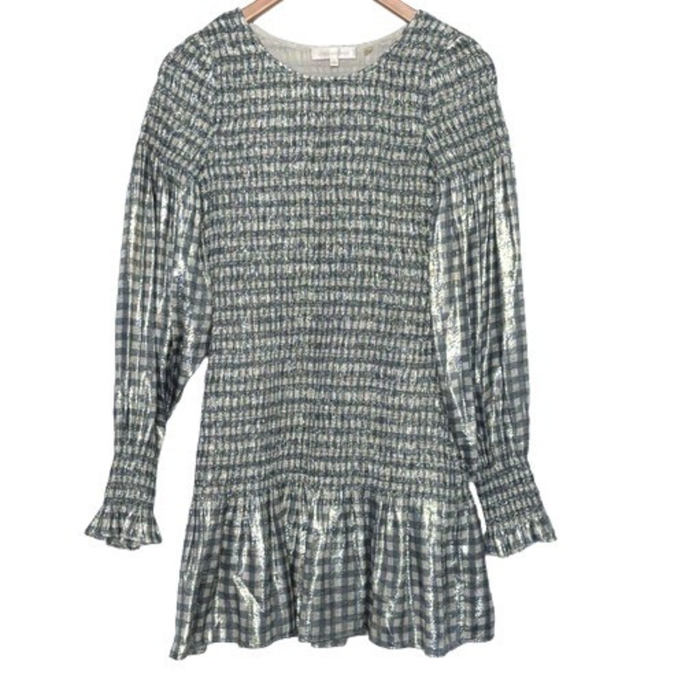 LoveShackFancy Dress XS Metallic Gingham‎ Smocked Silk Blend Mini Blue Gold